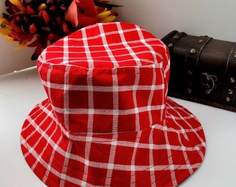 Red Plaid Bucket Hat Cap, Buffalo Plaid Tartan Blue Retro  display picture 2