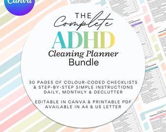 ADHD Reinigungsplaner Bundle pdf bearbeitbar canva, Hausreinigungszeitplan, wöchentliche, monatliche, jährlicher Reinigungscheckliste, Declutter