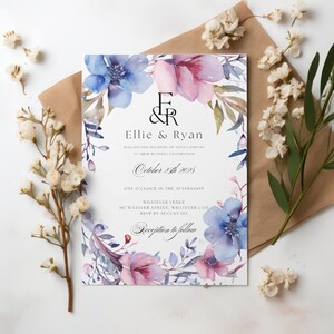 Garden Flowers Wedding Invitation Template, Wildflower Wedding Invite, Colorful Spring Floral Printable Elegant EDITABLE Download