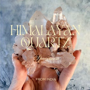 May include: A cluster of Himalayan quartz crystals with a pale pink and translucent white coloration. The specimen features multiple sharp, pointed terminations and a textured base. Text overlay reads: HIMALAYAN QUARTZ Specimen FROM INDIA.