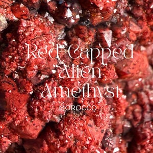 May include: Close-up of a red-hued mineral formation. The image features the text "Red Capped Alien Amethyst" and "MOROCCO" in white lettering. The mineral has a crystalline structure with a rough, textured surface.