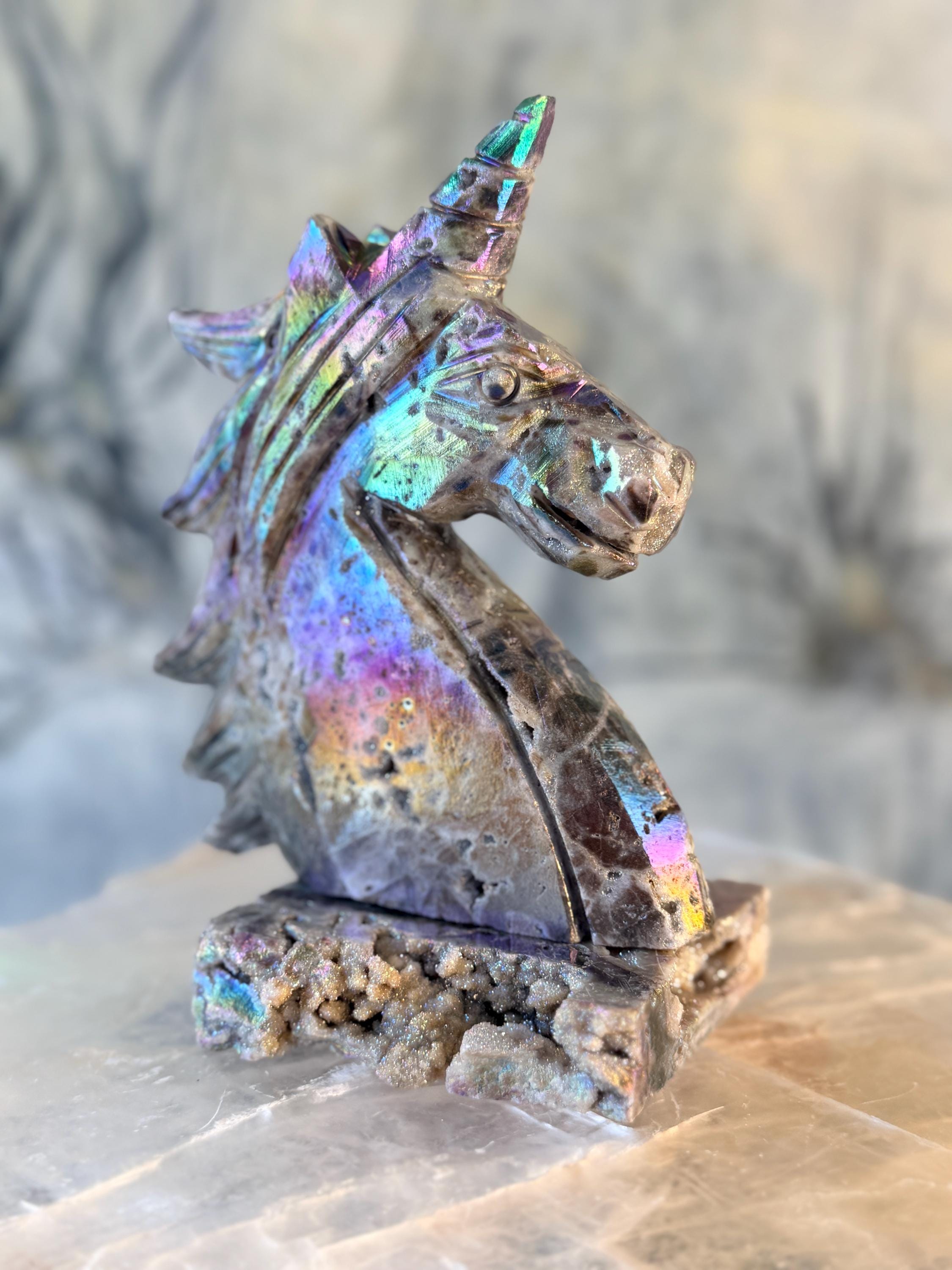 Aura Sphalerite Unicorn Bust With Slab Base – Radiant Joy Crystal ...