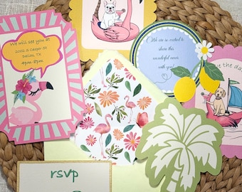 Invitación de cumpleaños de flamenco: tema Palm Royale, plantilla editable