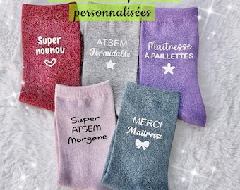 Chaussettes à paillettes Personnalisées, Cadeau Maîtresse, Nounou, ATSEM, Maman , Mamie, Club, Idée Cadeau Fin d’Année Scolaire