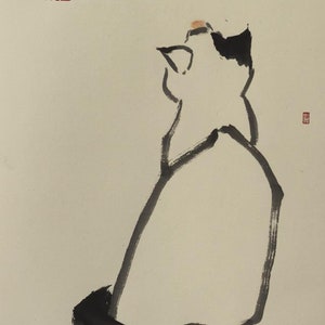 May include: A black and white ink painting of a cat sitting on a light beige background. The cat is facing to the right and looking up. The painting is signed with two red stamps in the top right and bottom right corners.