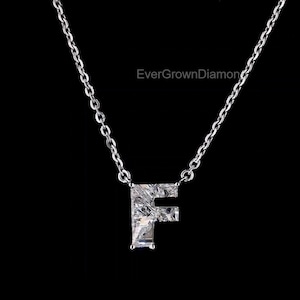 F Shape Diamond Pendant Necklace | 18K Solid White Gold & Lab-Grown Diamonds | Unique Personalized Charm