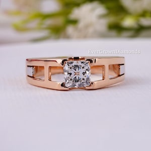 1.0Ct Princess Cut IGI Certified Lab Grown Diamond Ring Solitaire Diamond Engagement Ring For Him Bezel Set Wedding Wide Band Ring for Men