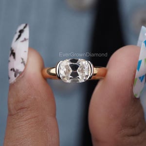 East West Old European Cushion Cut Moissanite Diamond Ring, 2.0ct Solitaire Engagement Ring, 14K Solid Yellow Gold Anniversary Gift For Her