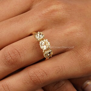 3.15ct Cushion Old Mine Cut Moissanite Diamond Ring Three Stone Moissanite Engagement Ring Champagne Moissanite Diamond Wedding Band For Her