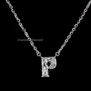 P Initial Diamond Gold Necklace | 18K Solid White Gold & Lab-Grown Diamond Pendant | Classic Letter Jewelry