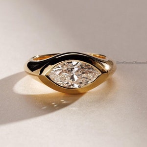 1.60 Carat Marquise Cut Moissanite Ring/ Solitaire Engagement Ring/ Yellow Gold Ring/ Bezel Set Ring/ East West Moissanite Ring