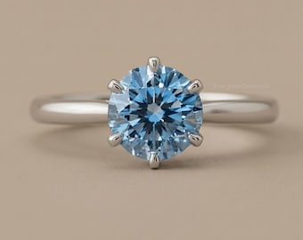 6 Prong Setting Diamond Ring/ 1.50 CT Round Cut Blue Moissanite Ring/ Solitaire Diamond Gift Ring/ Cathedral Shank Ring/ Engagement Ring