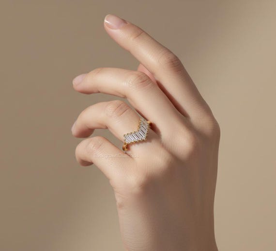 1 72カラットのバゲットカットモアッサナイトダイヤモンドリング 女性用 ステップカットバゲットカットモアッサナイトエンゲージリング 女性用 パヴェ セットダイヤモンドウェディングバンド 女性用 - 日本