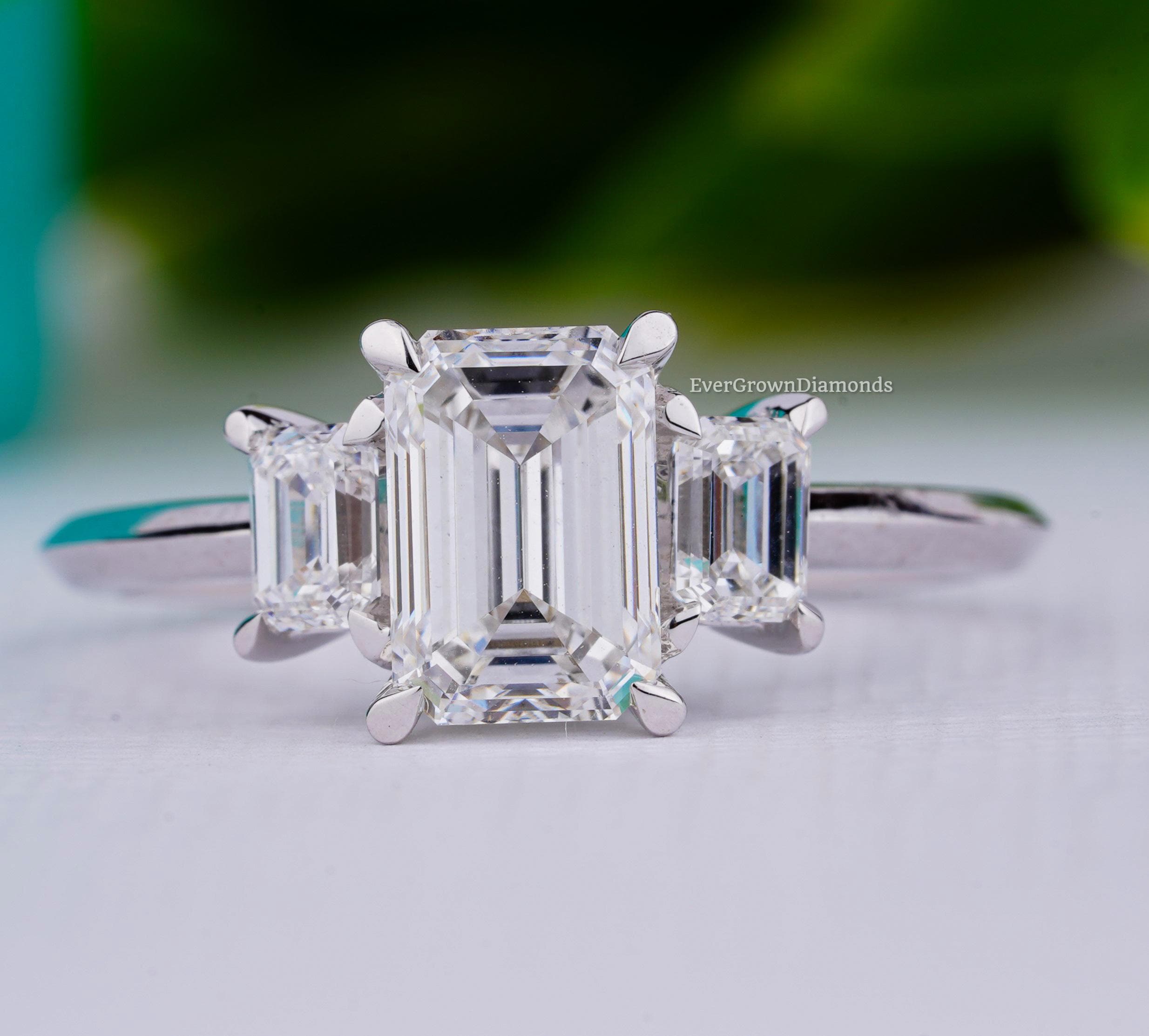 2.03 CT Emerald Shape Diamond Ring/ Lab Grown Diamond Wedding Ring/ 14K Solid Gold Engagement Ring/ Three Stone Wedding Ring/ Gift For Her