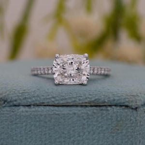 East West Engagement Ring, Cushion Cut Lab Grown Diamond Ring, Certified Diamond Wedding Ring, Hidden Halo Ring, 14K White Gold Ring For Her