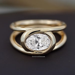 1.50 Carat Oval Cut Moissanite Ring/ Oval Moissanite Wedding Ring/ Bezel Set Solitaire Moissanite Ring/ East West Diamond Yellow Gold Ring