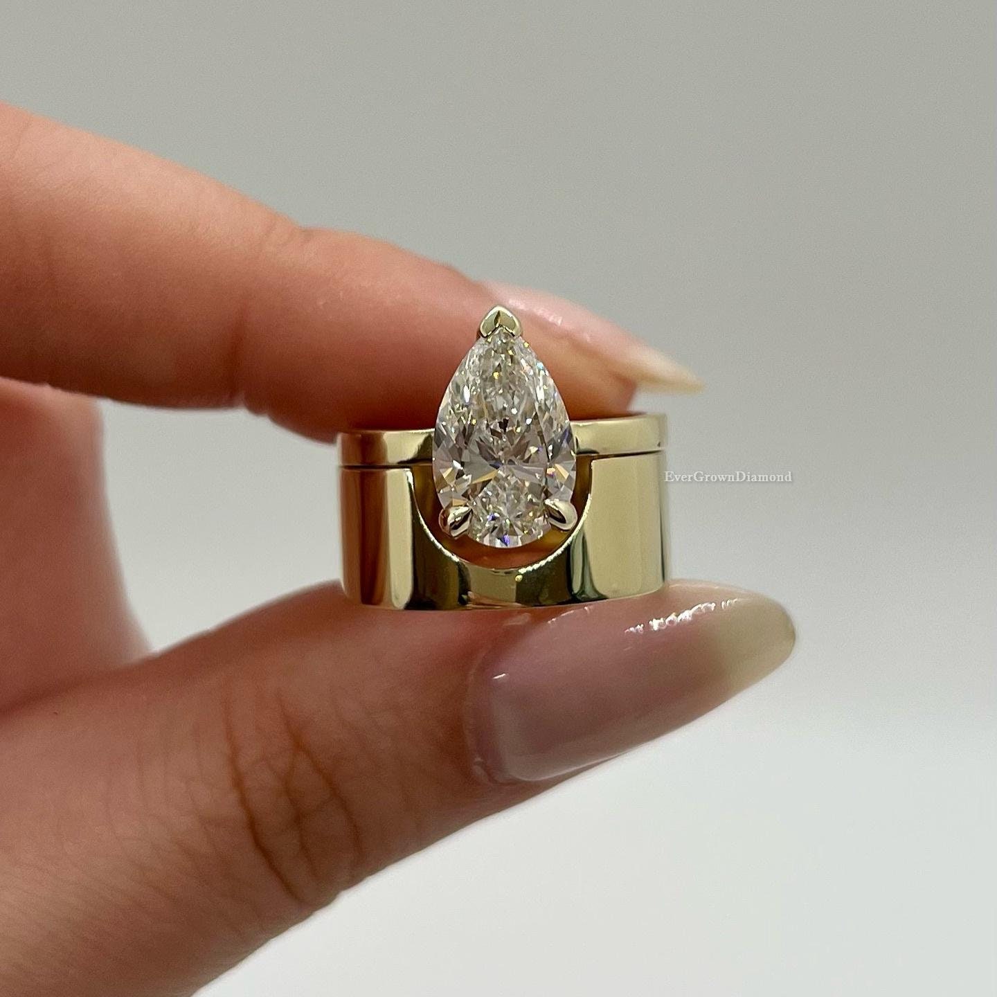 2.00 Carat Pear Cut Moissanite Engagement Ring/ Solitaire Diamond Cigar Wedding Ring/ Wide Band Yellow Gold Ring/ Anniversary Gift Ring