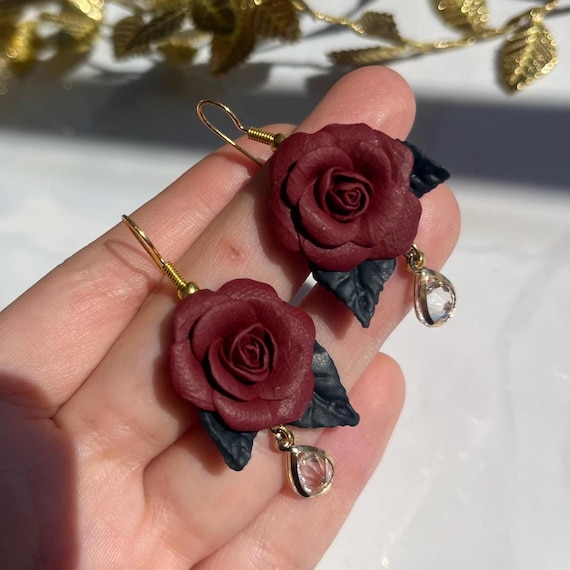 Floral Red Rose Chic Polymer Clay Earrings, Lightweight Dangle