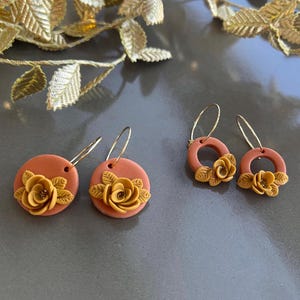 Terracotta Floral Spring Polymer Clay Dangle Earrings, Unique Floral Jewelry Clay Statement Earrings, Handmade Hoops