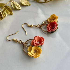 Nature Inspired Floral Polymer Clay Dangle Earrings, Soft Flowers with Gold Design, Handmade Jewelry, Statement Earring