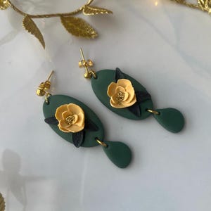 Nature Inspired Floral Polymer Clay Dangle Earrings, Soft Flowers with Green Design, Handmade Jewelry, Statement Earring