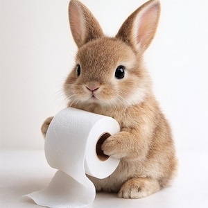 Peut inclure: Un adorable lapin brun clair aux grands yeux noirs tient un rouleau de papier toilette blanc. Le lapin est assis, les pattes autour du rouleau. Le fond est blanc uni.