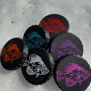 May include: A collection of black, circular objects with textured surfaces, each featuring a colorful fish design. The fish illustrations are in shades of red, orange, teal, white, purple, and pink. The objects are arranged on a snowy surface.
