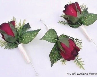Burgundy Rose Boutonniere,  Burgundy Rose Corsage, Black Tip Roses, Rosebud Boutonniere, Choose your Ribbon