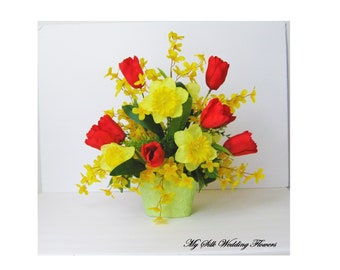 Spring Arrangement, Spring  Centerpiece, Spring Mix Flower Arrangement, Tulips, daffodils, forsythias