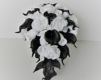 Black, White, Roses, Real Touch, Calla lilies, Silk, Wedding, Bridal, Cascade, Bouquet