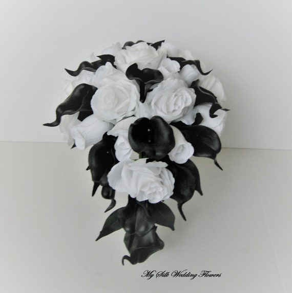 Details about / White Waterfall Wedding Bouquet Calla Bride Holding Flowers Artificial Silk Rose