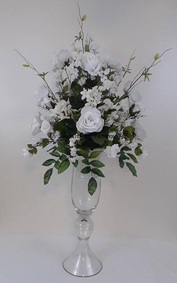 Tall White Roses Crystals Wedding Silk Flower Floral Etsy