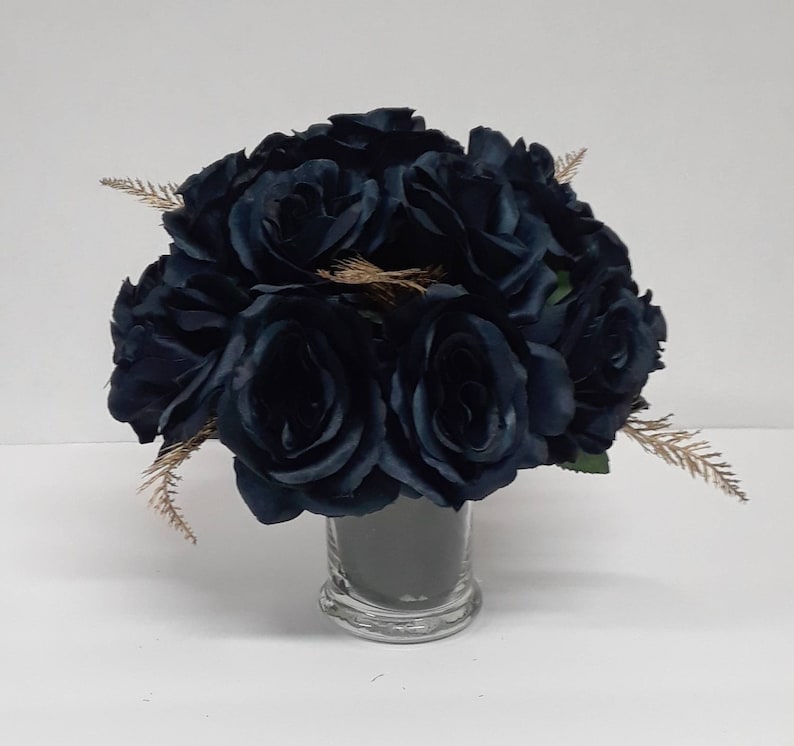 Navy Blue Roses Silk Flower Centerpiece, Dark Blue Flower Centerpiece, Navy Blue Flower
