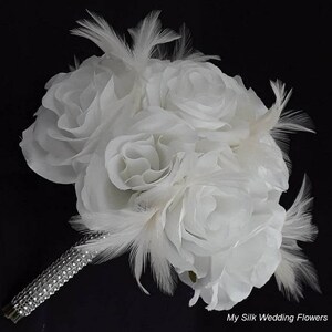 White Roses Bouquet, White Feather Bouquet, White Wedding Bouquet, Roses and Feather Wedding Bouquet, Roses and Feathers Centerpiece image 4