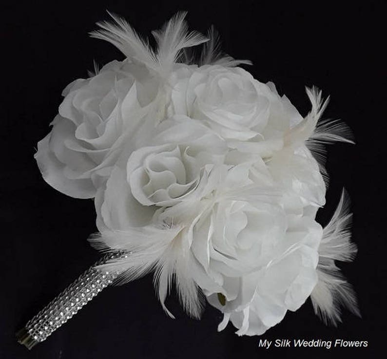 White Roses Bouquet, White Feather Bouquet, White Wedding Bouquet, Roses and Feather Wedding Bouquet, Roses and Feathers Centerpiece image 4