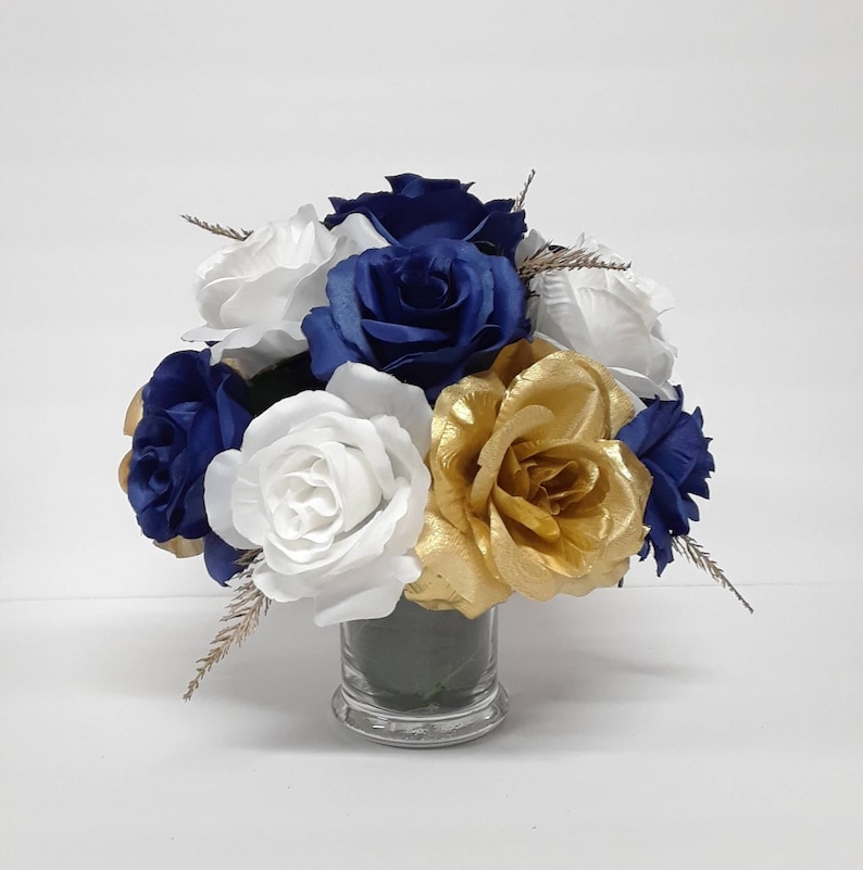 Royal Blue Rose Centerpiece, White Roses Centerpiece, Gold Roses Silk