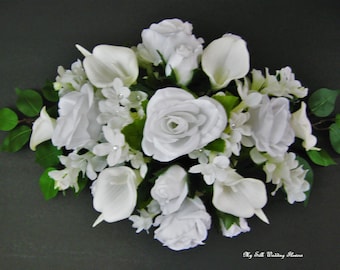 Centre de table de mariage blanc, Centre de table de tête blanc, Centre de table Calla Lily, Arrangement rose blanche, Choisissez votre couleur rose.