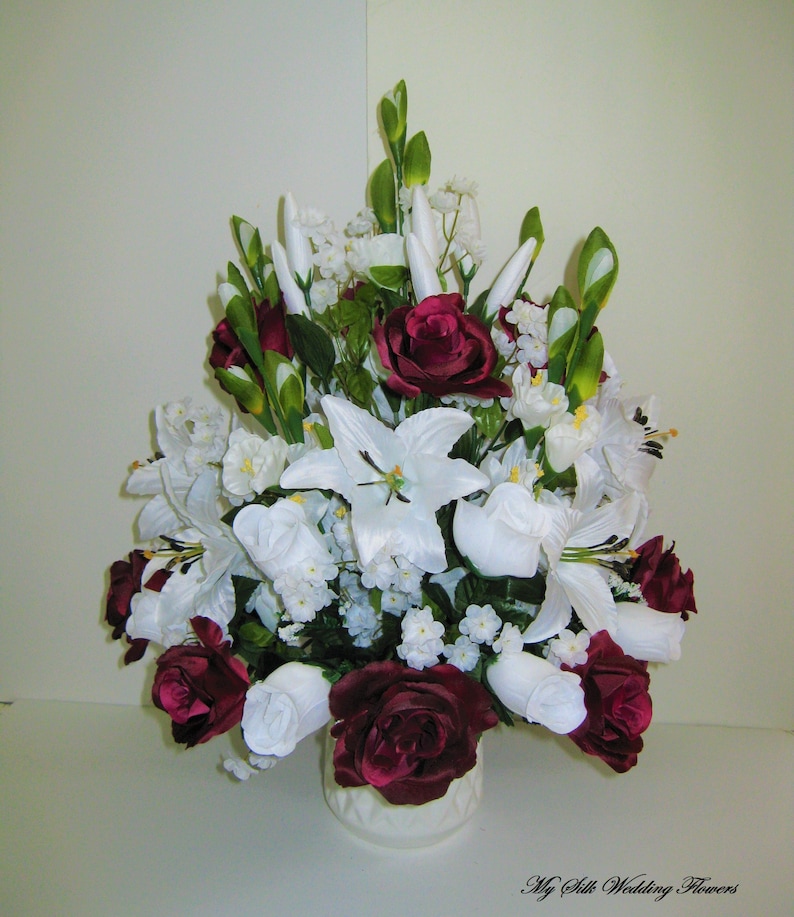 Burgundy and white silk flower arrangement Burgundy roses Etsy