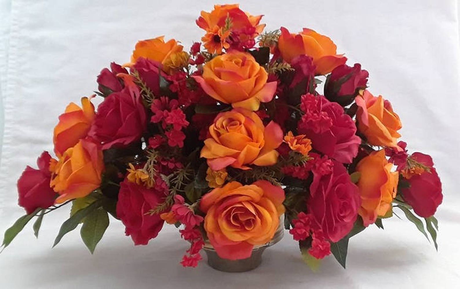 Fall Silk Flower Arrangement, Orange Roses Centerpiece, Red Roses Silk Flower Arrangement, Mix