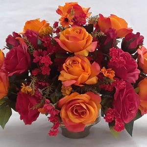Fall Silk Flower Arrangement, Orange Roses  Centerpiece, Red Roses Silk Flower Arrangement, Mix Flower Arrangement