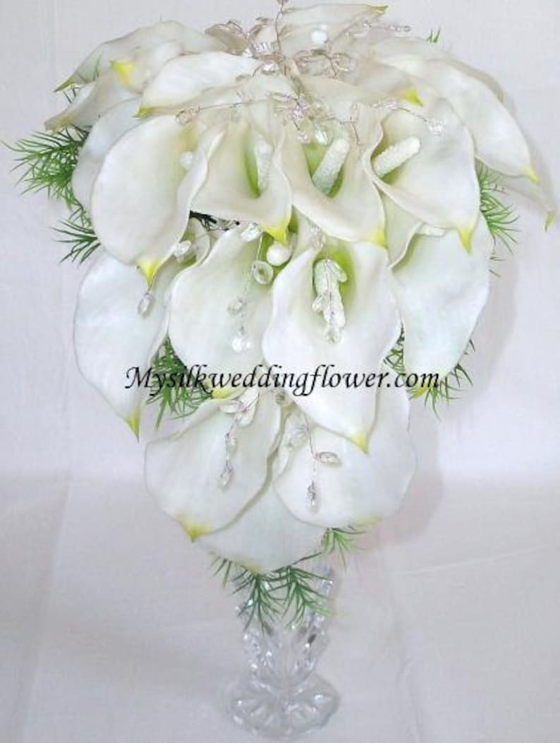 Tear Drop Real Touch Calla Lily Wedding Crystal Bridal Bouquet Cascading
