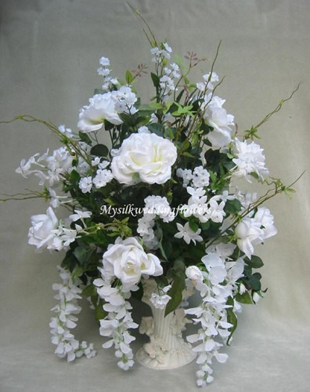 Tall, Wedding, Arrangement, White, Roses, Wisteria, Silk, Flower, Floral,  Arrangement, Centerpiece, Home Decor 