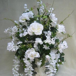 Tall, wedding, arrangement,  white, roses, wisteria, silk, flower, floral, arrangement, centerpiece, home decor