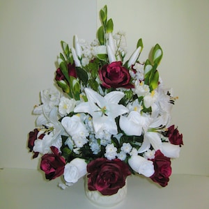 Wedding Alter Arrangement, Church Arrangement Burgundy silk flower arrangement, silk flower arrangement, White lilies wedding arrangement