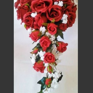 Red Roses Cascade Bouquet, Red Roses Wedding Bouquet, Red Silk Flower Bouquet, Choose your Color Rose, Choose Your Ribbon.