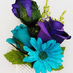 Teal, dark turquoise, corsage, purple, roses, daisy, silk, wedding, flower, prom, dance, graduation