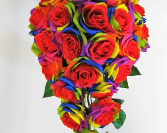 Rainbow Rose, Rainbow Rose Wedding Bouquet, Multicolor Roses Wedding Bouquet, Rainbow Cascade Bouquet, Rainbow Roses, Silk Rainbow Roses