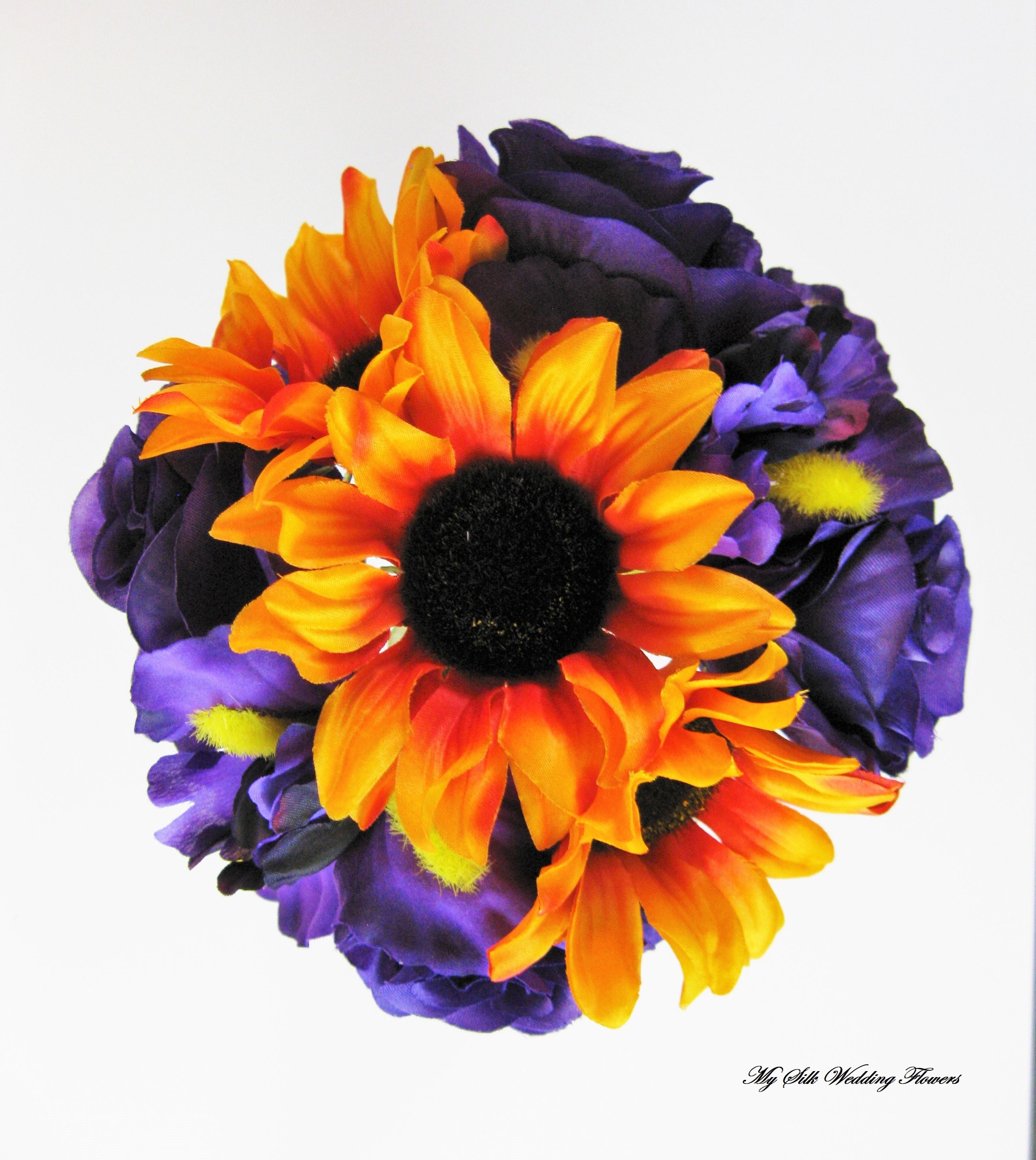 Purple Roses and Sunflowers Wedding Bouquet, Orange Gold Sunflowers