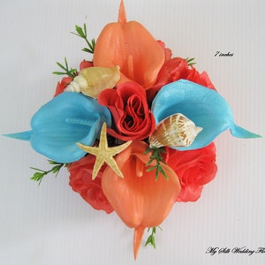 Destination wedding bouquet, Cake topper, Calla lily bouquet, Coral Wedding Bouquet, Turquoise, Beach bouquet, Seashell bouquet, Orchid
