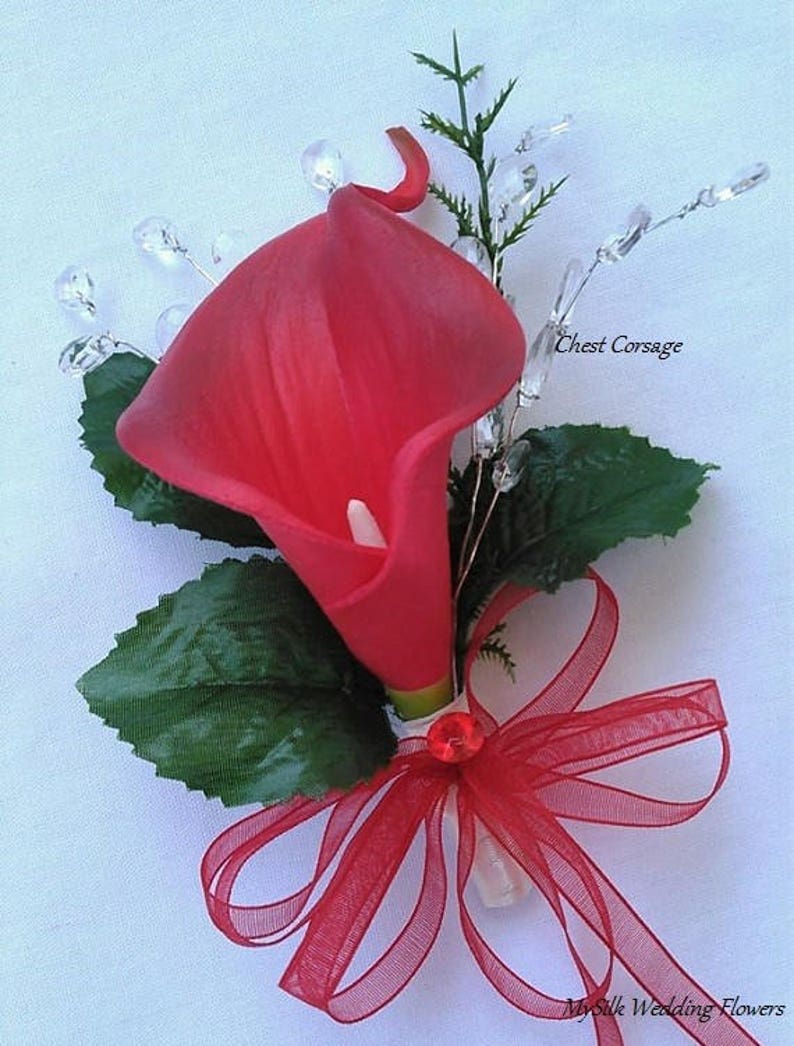 Red Calla Lily Corsage Boutonniere Crystals Wrist Corsage Etsy